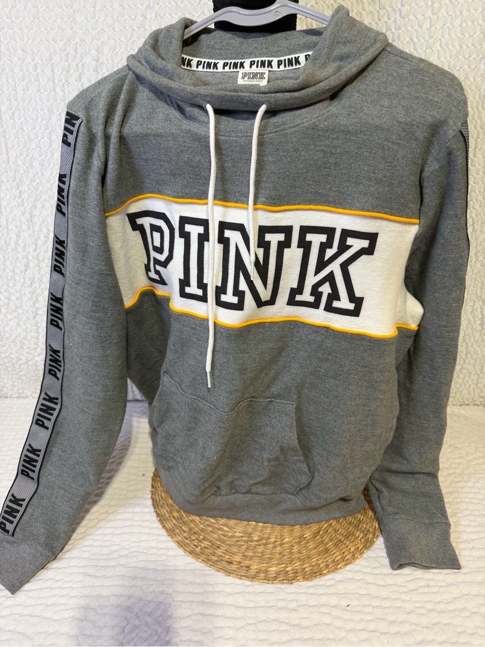 Victoria's Secret PINK Gray Pullover Hoodie with White & Yellow Panel